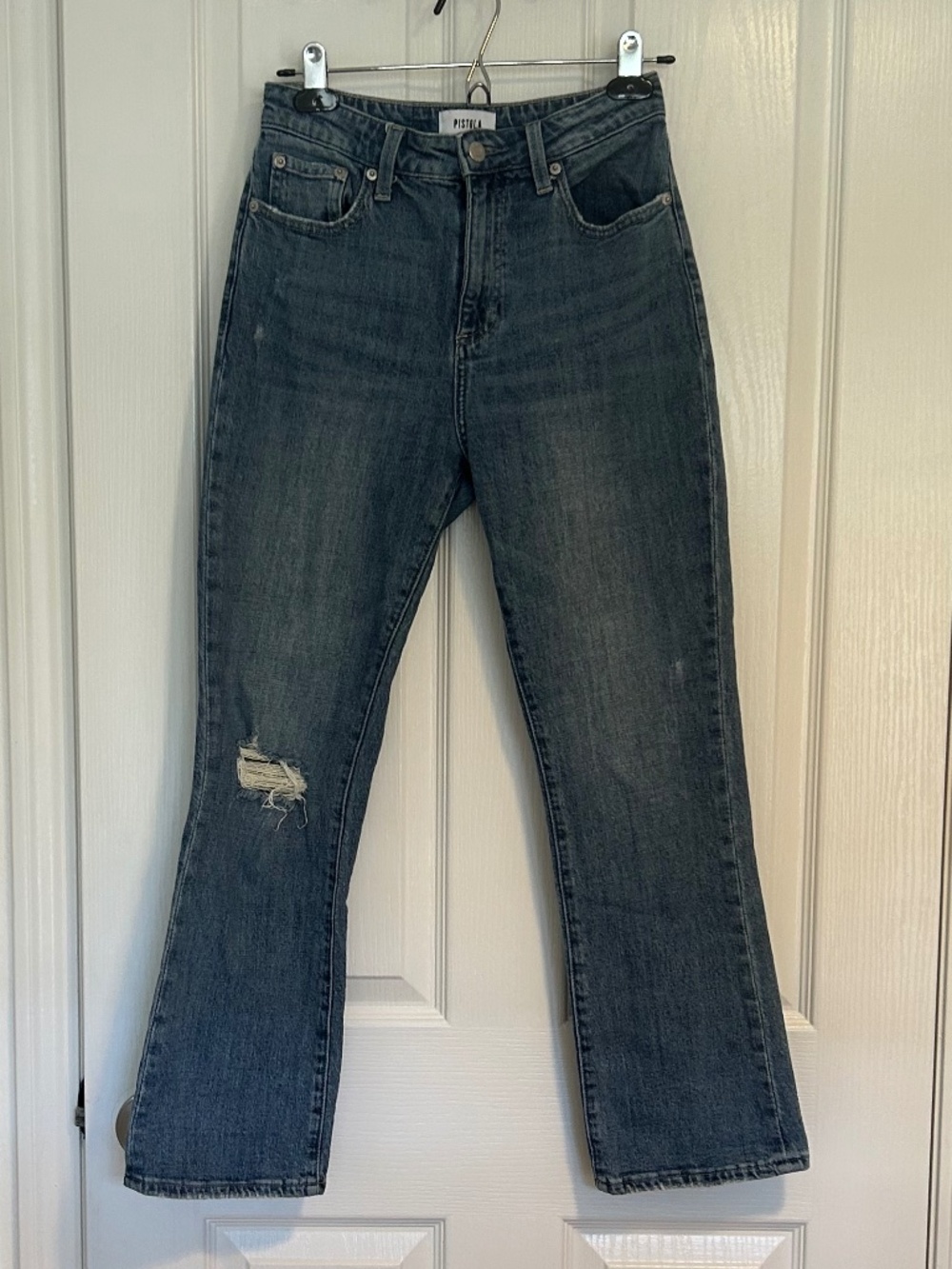 pistola Straight Leg Distressed Jeans in Dark Blue Wash